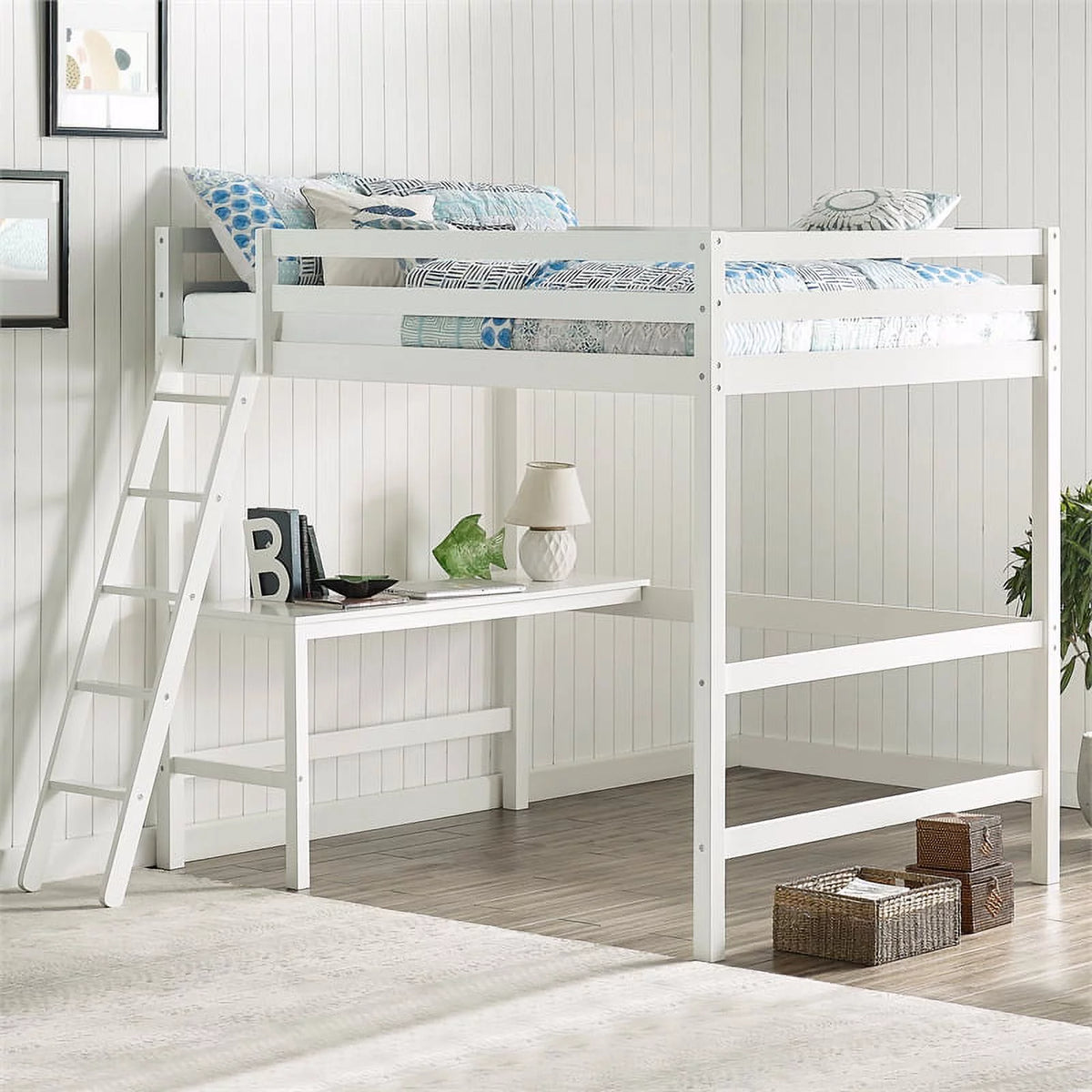 Full Wooden Loft Bed with Desk in White X284467