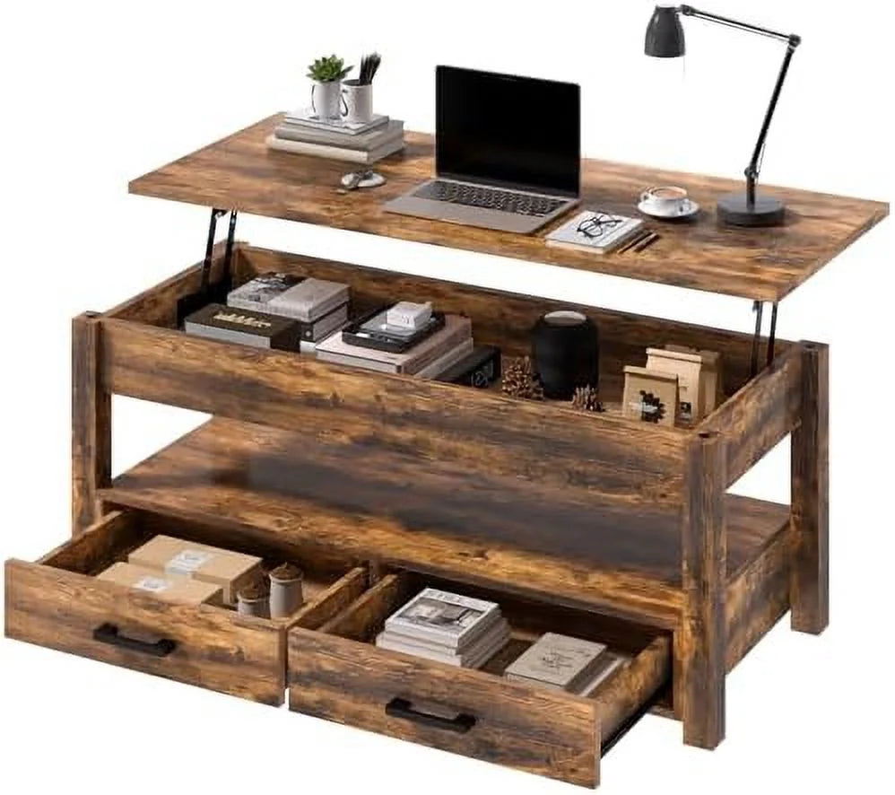 41.7'' Lift Top Coffee Table with 2 Drawer Hidden Compartment Rustic Brown V4987