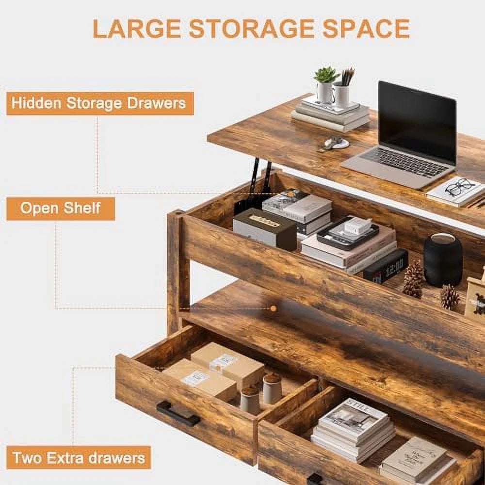 41.7'' Lift Top Coffee Table with 2 Drawer Hidden Compartment Rustic Brown V4987