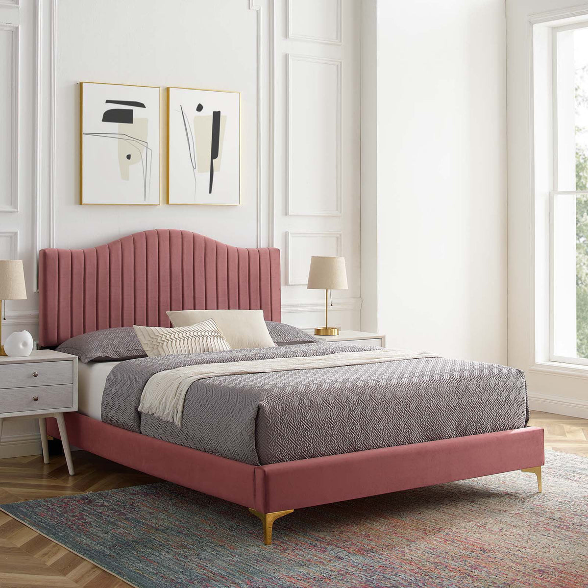 Pink Velvet Tufted Twin Size Platform Bed Frame Y7064