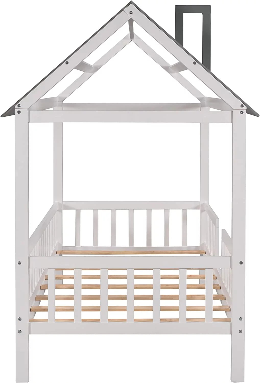Wood Bed Frame with Pine Wood Roof and Guardrails C983