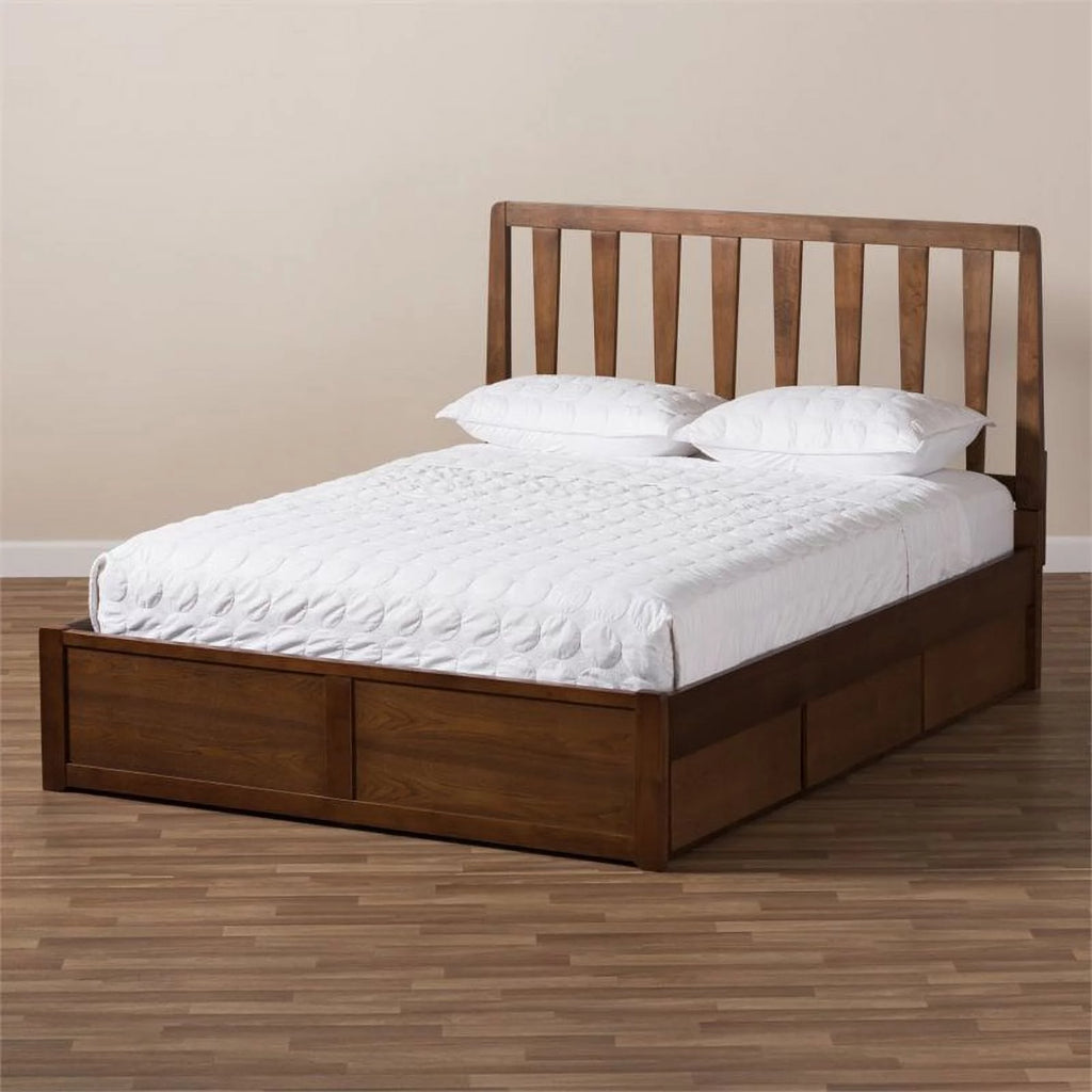King Walnut Brown Wood Storage Platform Bed K725