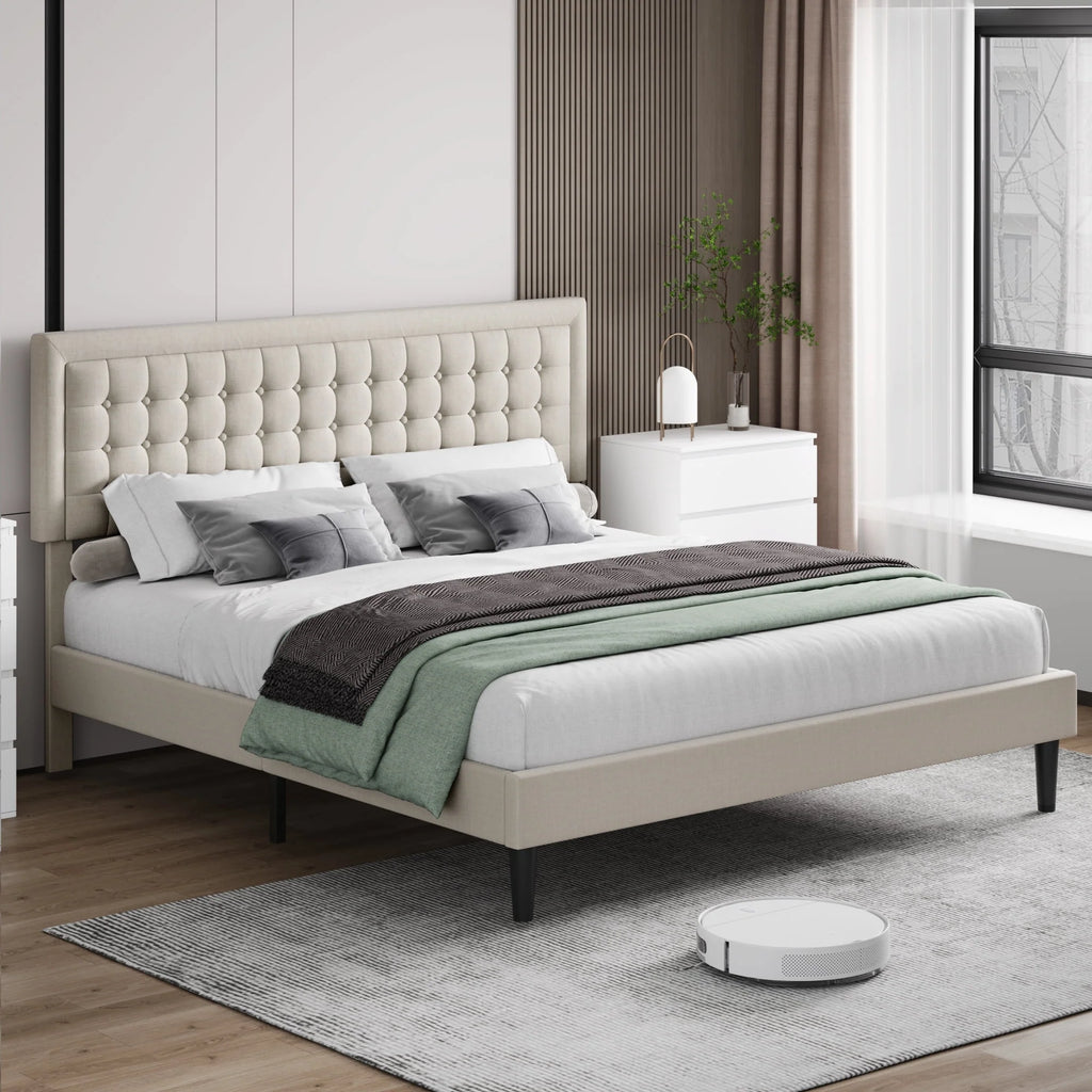 King Size Beige Upholstered Platform Bed Frame V134