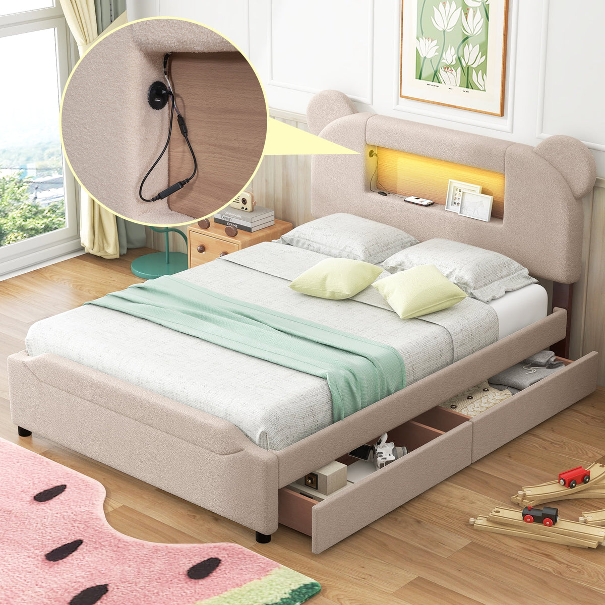 Beige Full Size Upholstered Storage Platform Bed with 2 Drawers H7570
