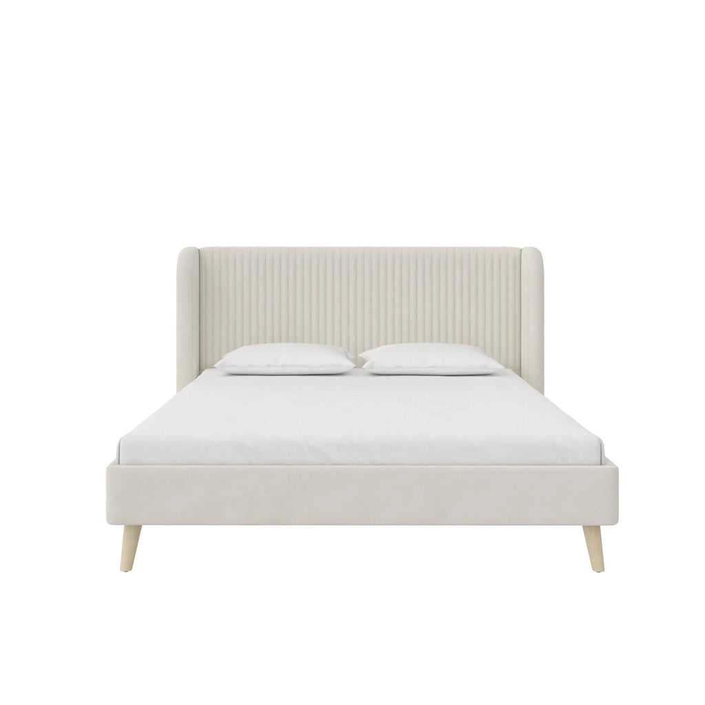 Queen Ivory Velvet Upholstered Wingback Bed P295