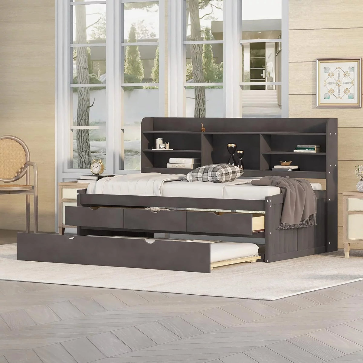 Wood Day Bed with 3 Drawers and Bookshelves R54846