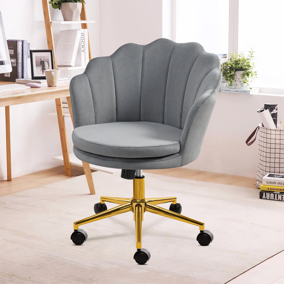 Grey Velvet Adjustable Swivel Office Chair U819400