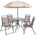 6-Piece Patio Set with Glass Table, Umbrella, and 4 Folding Chairs, Black U97157