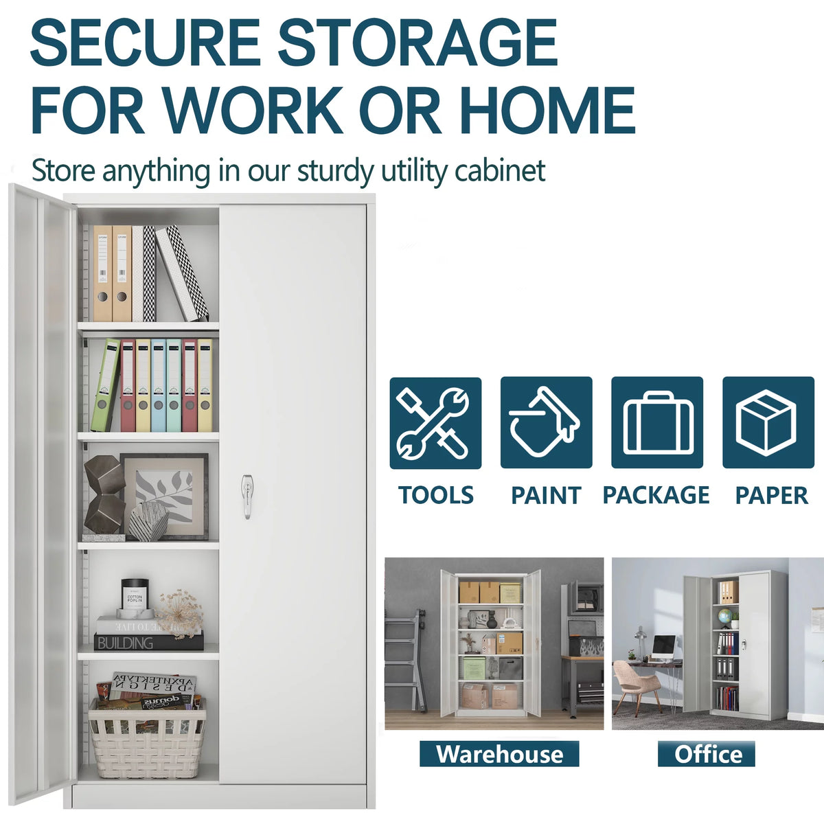 Metal Storage Cabinets with 4 Adjustable Shelves & 2 Locking Doors W15406