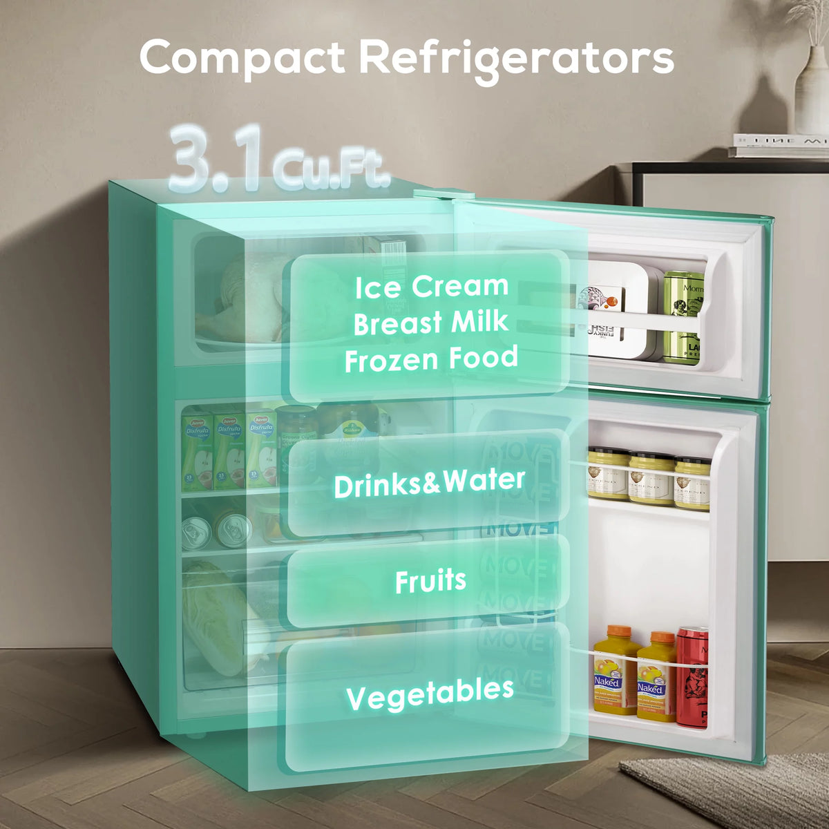 Mini Refrigerator 3.2Cu.Ft Compact Fridge 2-Double Doors with a Freezer V425756