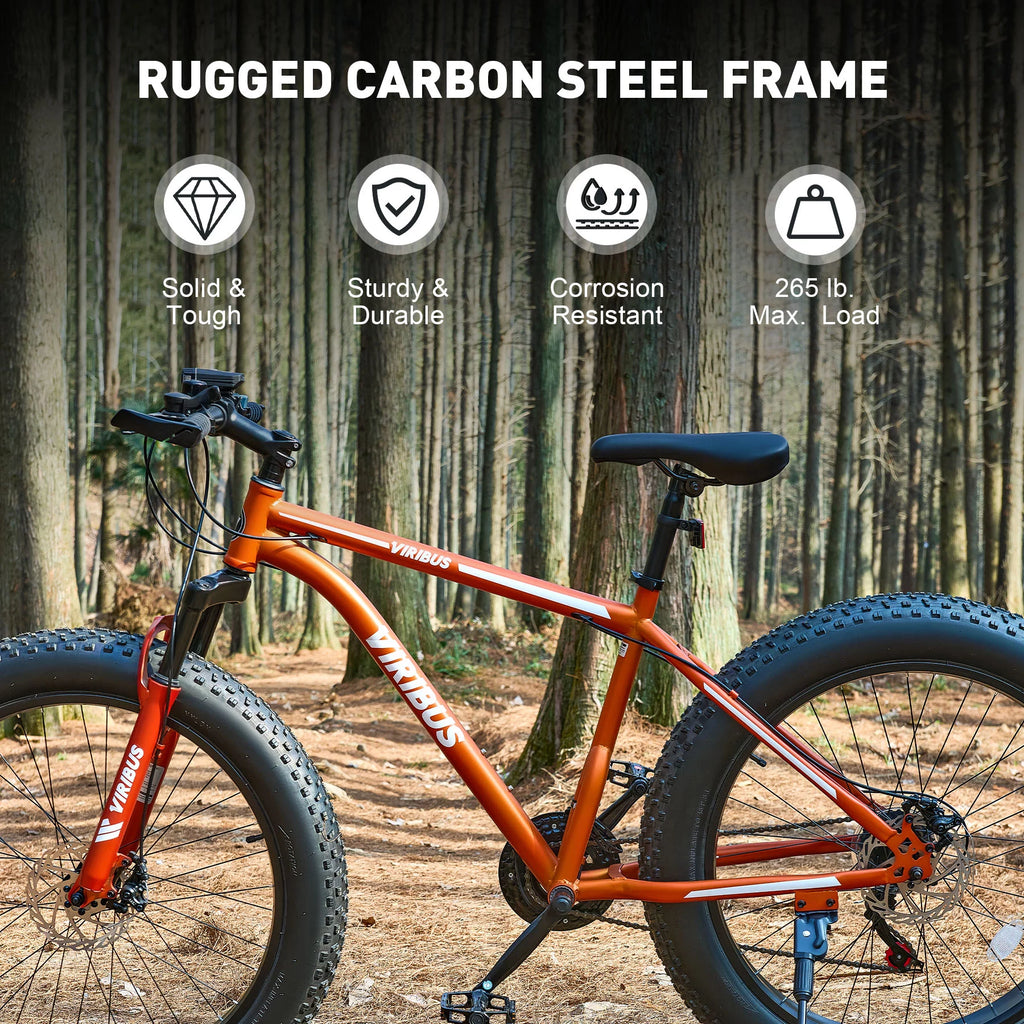 26 Fat Tire Mountain Bike with Front Suspension 21 Speeds Disc Brakes Orange E39712