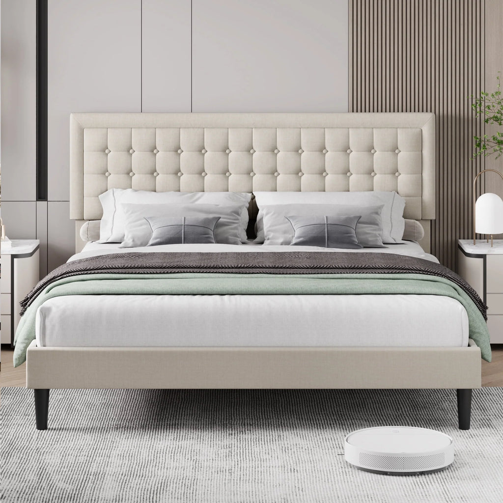 King Size Beige Upholstered Platform Bed Frame V134