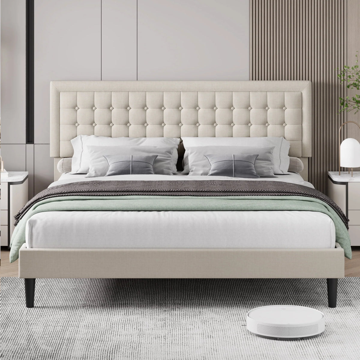 King Size Beige Upholstered Platform Bed Frame V134
