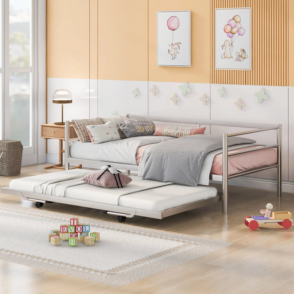 Twin Size Metal Daybed with Adjustable Trundle C55268