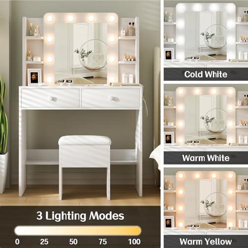 White Vanity Desk with Mirror, LED Lights, Power Outlets, Drawers, Shelves, Storage Chair Q202