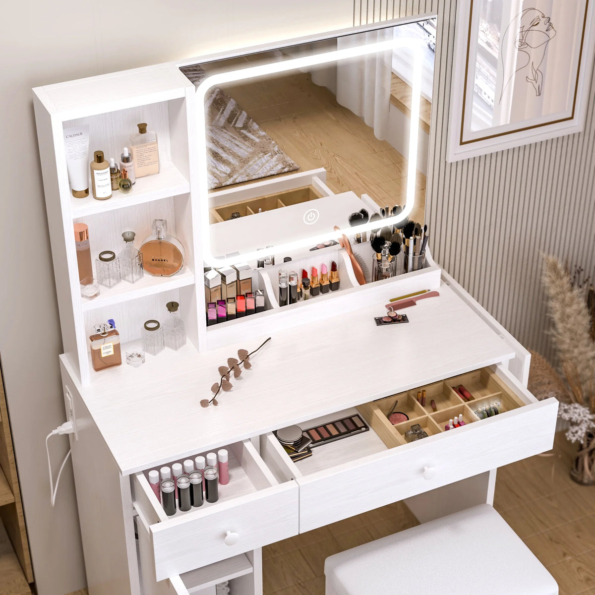 White Vanity Desk with Lighted Mirror and Storage Stool T9602