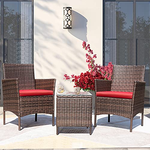 3 Pieces PE Rattan Wicker Patio Furniture Set with Cushion and Glass Coffee Table C668
