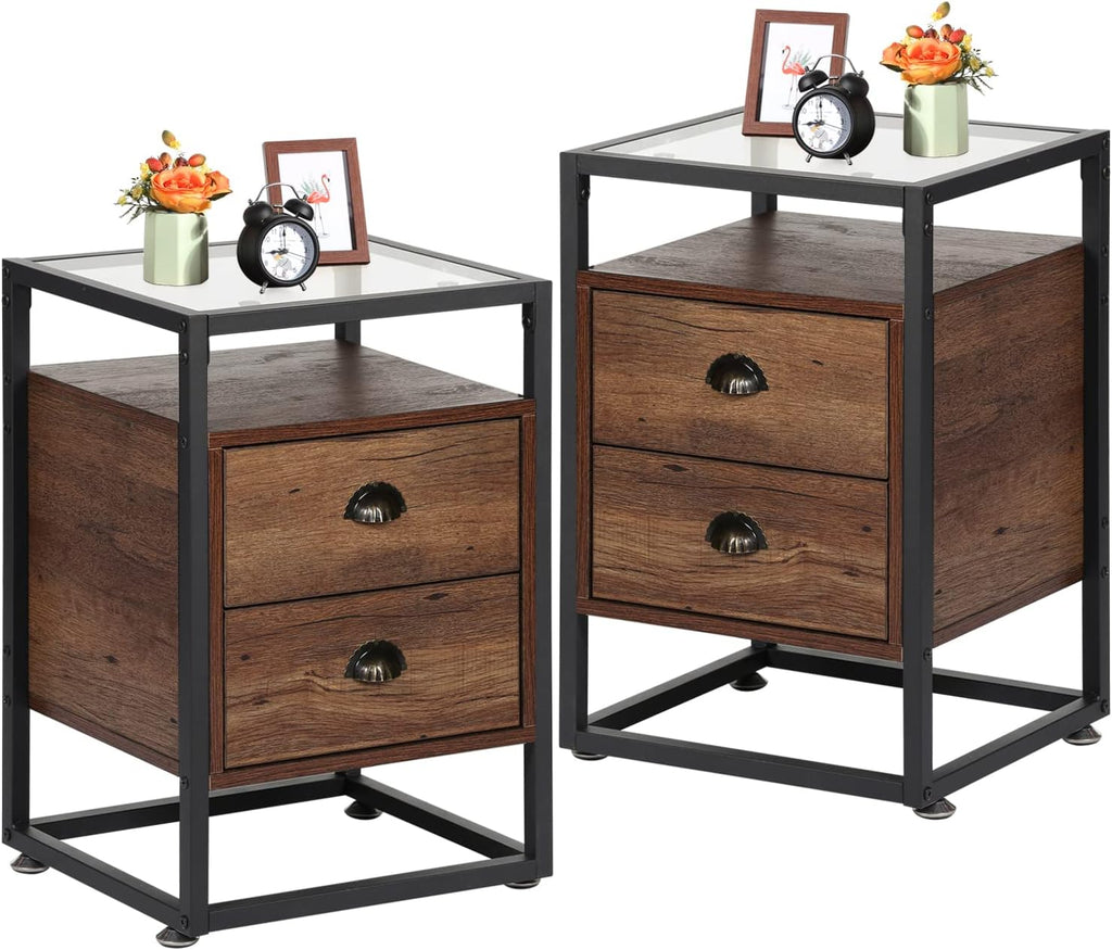 Black Nightstand with Drawer and Glass Surface, Set of 2 U98484