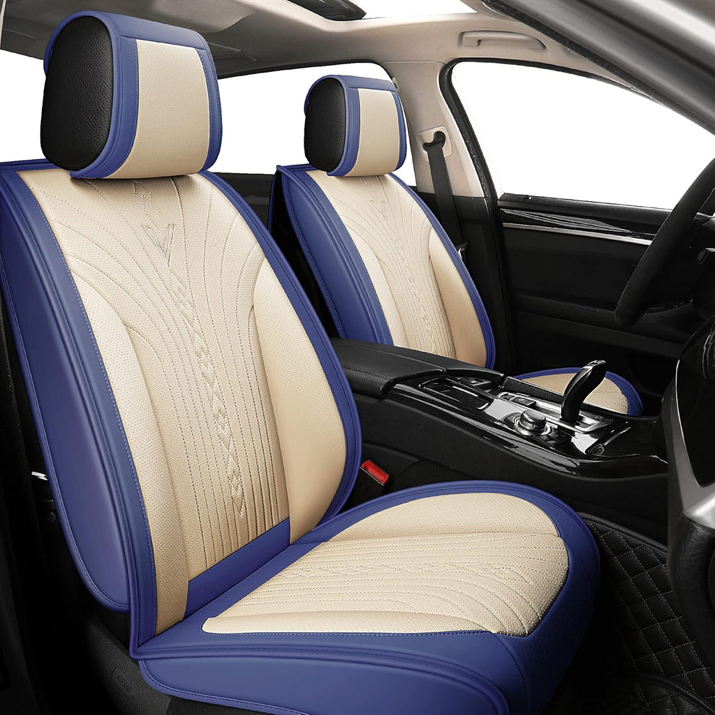 Beige and Blue Leather Car Seat Covers Full Set P21230