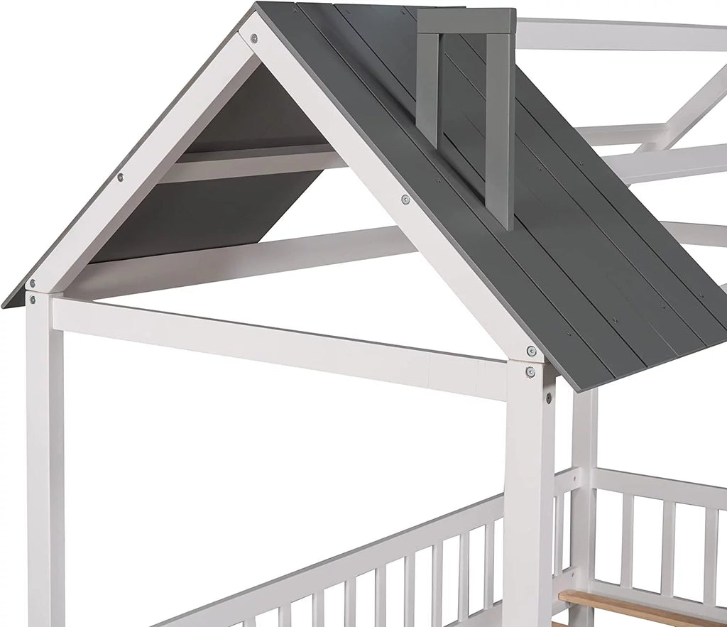 Wood Bed Frame with Pine Wood Roof and Guardrails C983