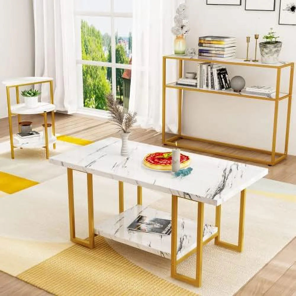 Faux Marble Coffee Table Set of 3 with Shelves Metal Frame R240296