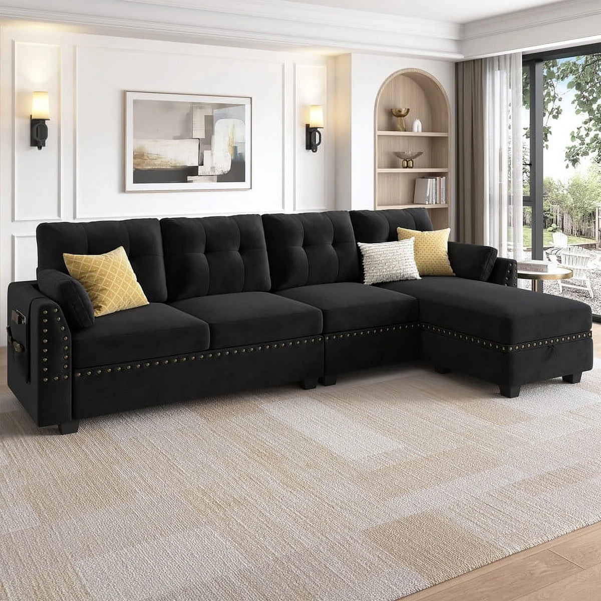 Black Velvet L Shaped Sectional Couch with Storage Ottoman Q617580