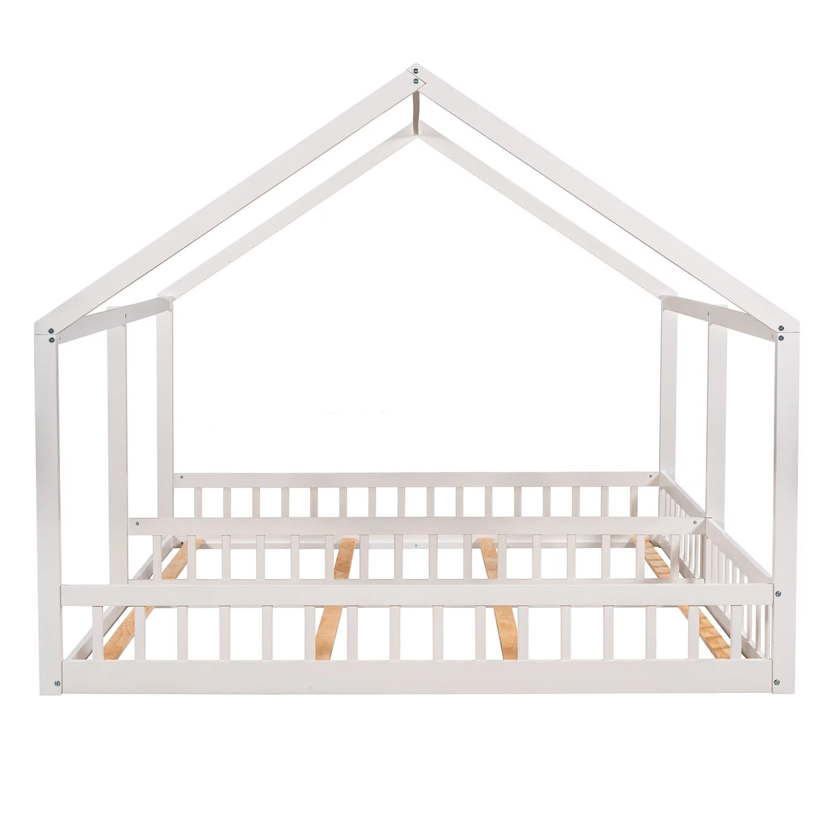 White Twin Size Wood House Platform Bed with Safety Fence Y9001