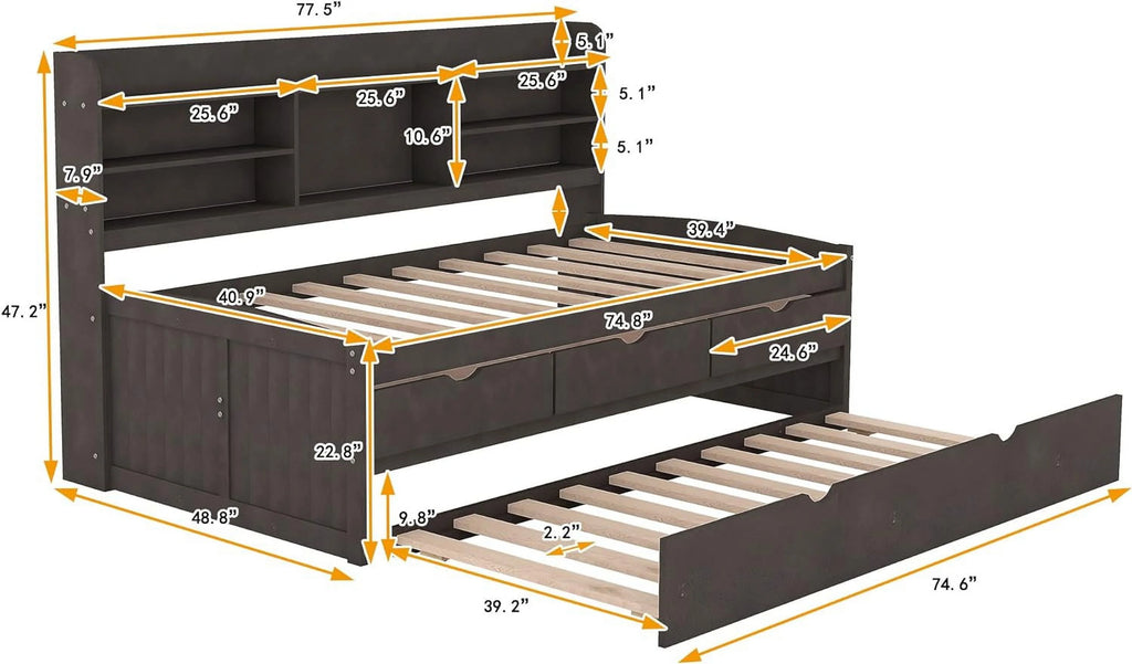 Wood Day Bed with 3 Drawers and Bookshelves R54846