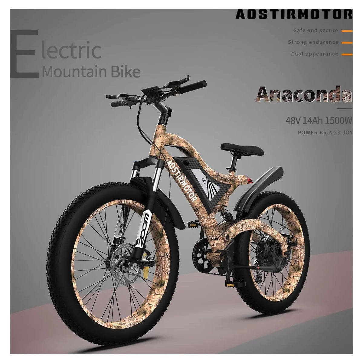 26 1500W Fat Tire Electric Bike 48V 15AH Removable Lithium Battery Full Suspension Mountain Bicycle M860350