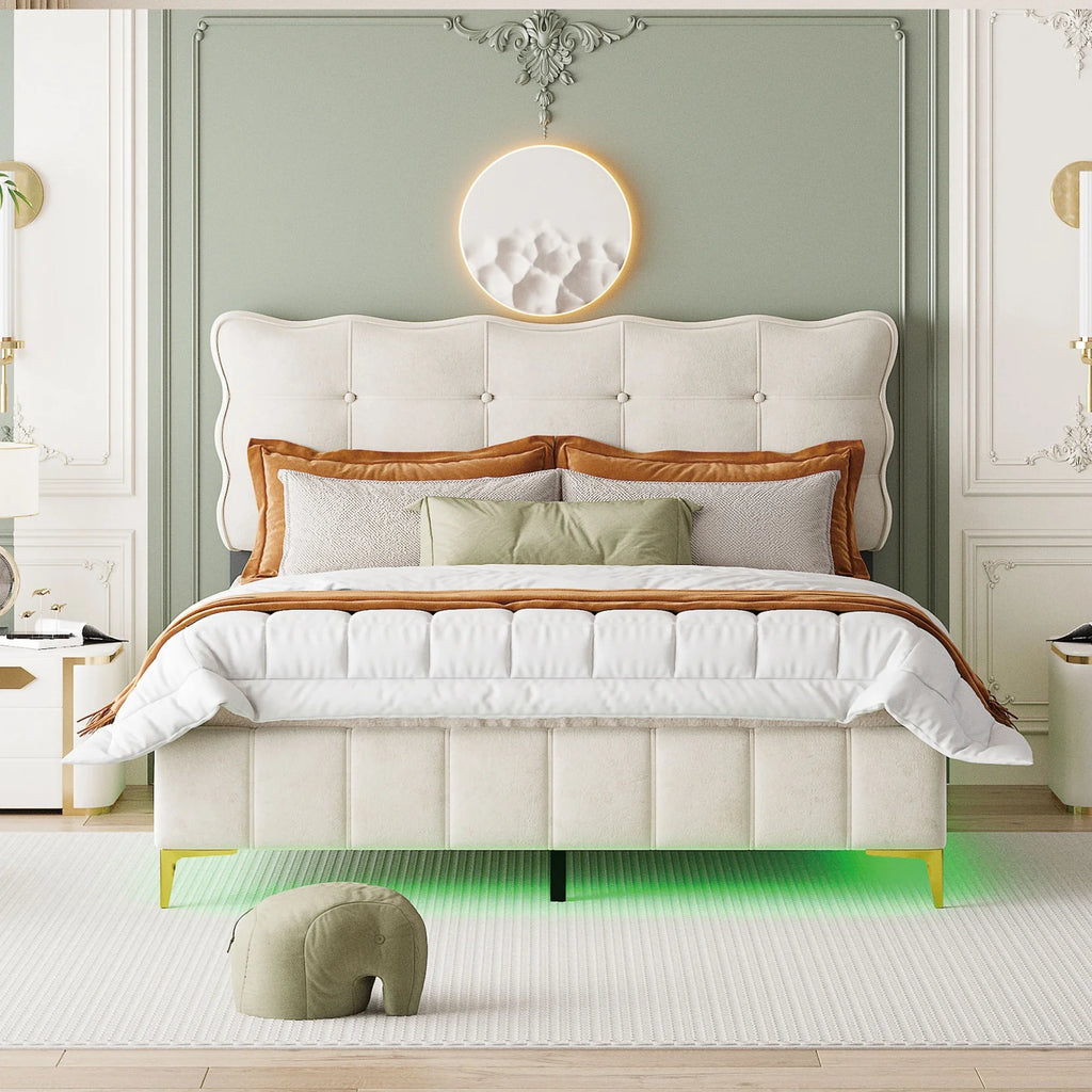 Queen Size Beige Velvet Upholstered Platform Bed with LED N941