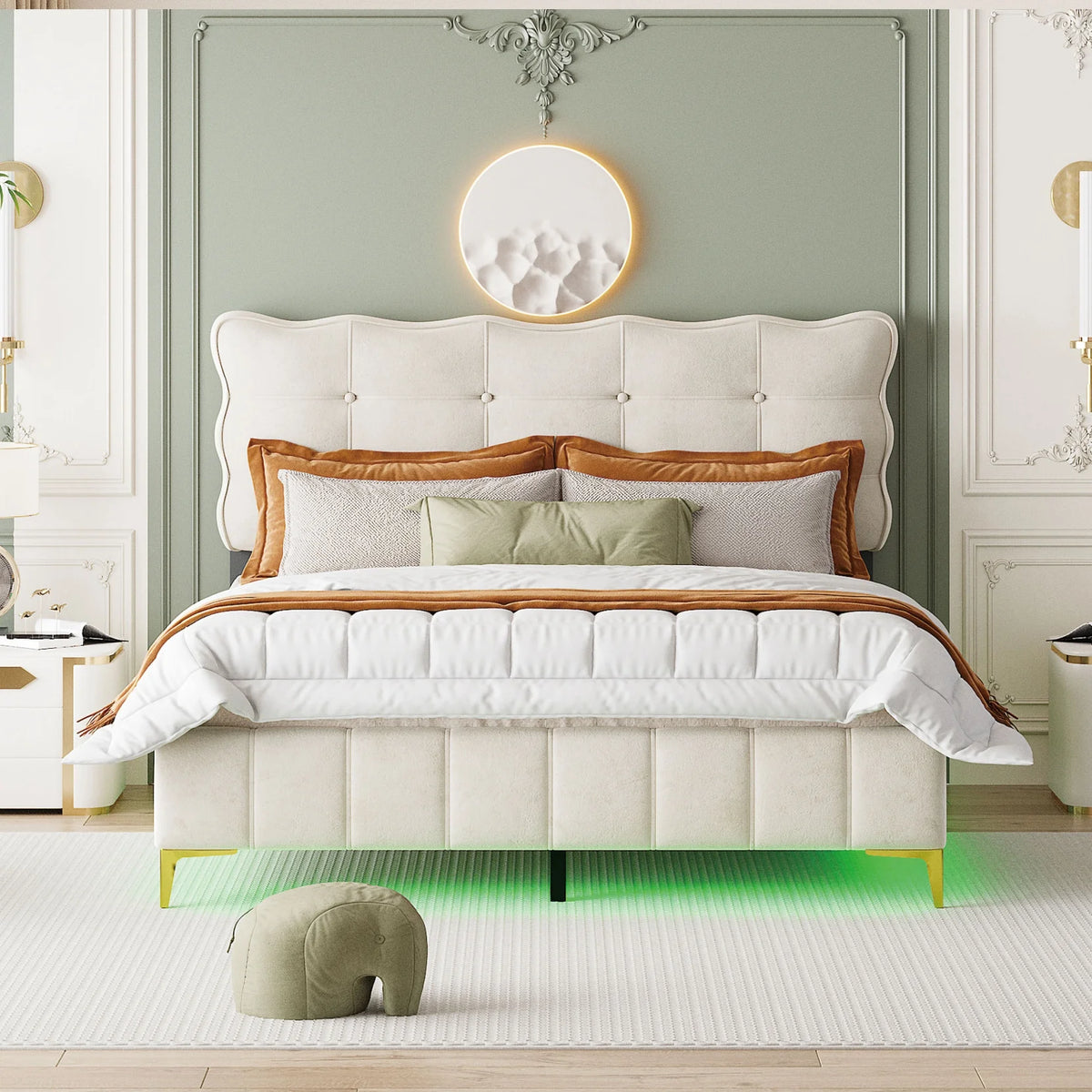 Queen Size Beige Velvet Upholstered Platform Bed with LED N941