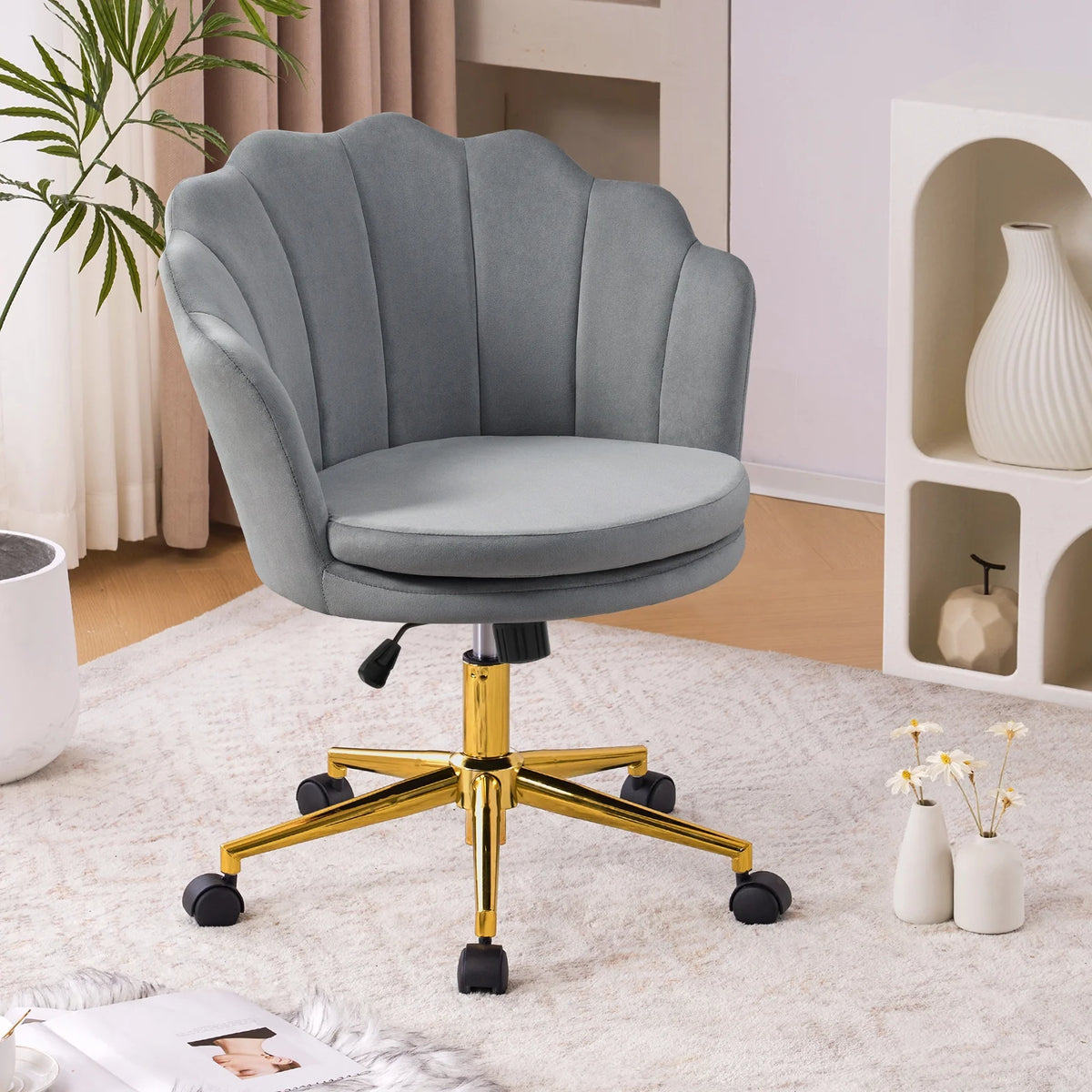 Grey Velvet Adjustable Swivel Office Chair U819400