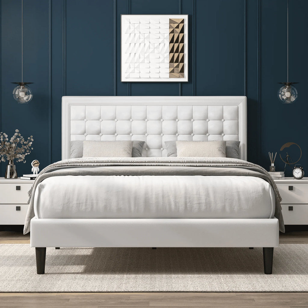 King Size Beige Upholstered Platform Bed Frame V134