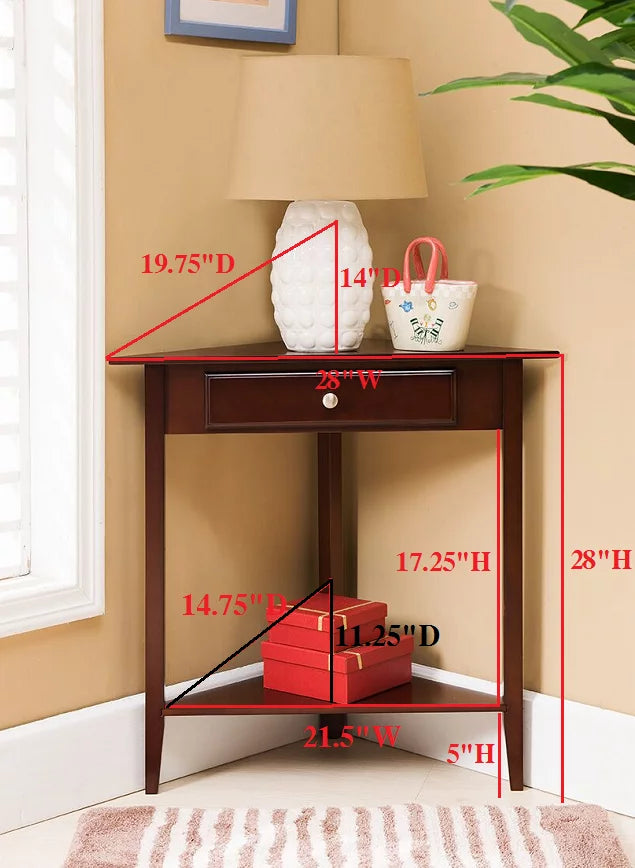 Walnut Wood Corner Side Table with Storage Drawer & Shelf Z491