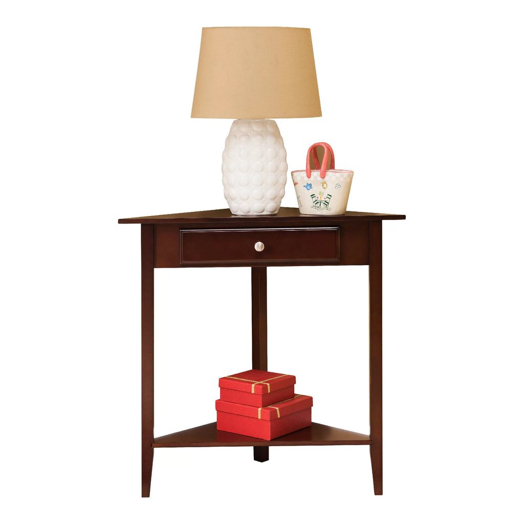 Walnut Wood Corner Side Table with Storage Drawer & Shelf Z491