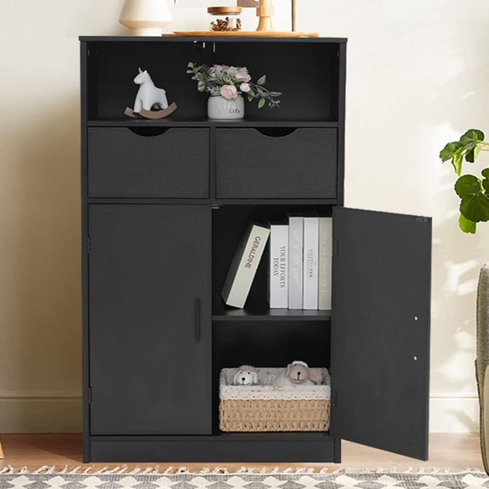 Black Storage Cabinet with 2 Drawers and 2 Shelves H433