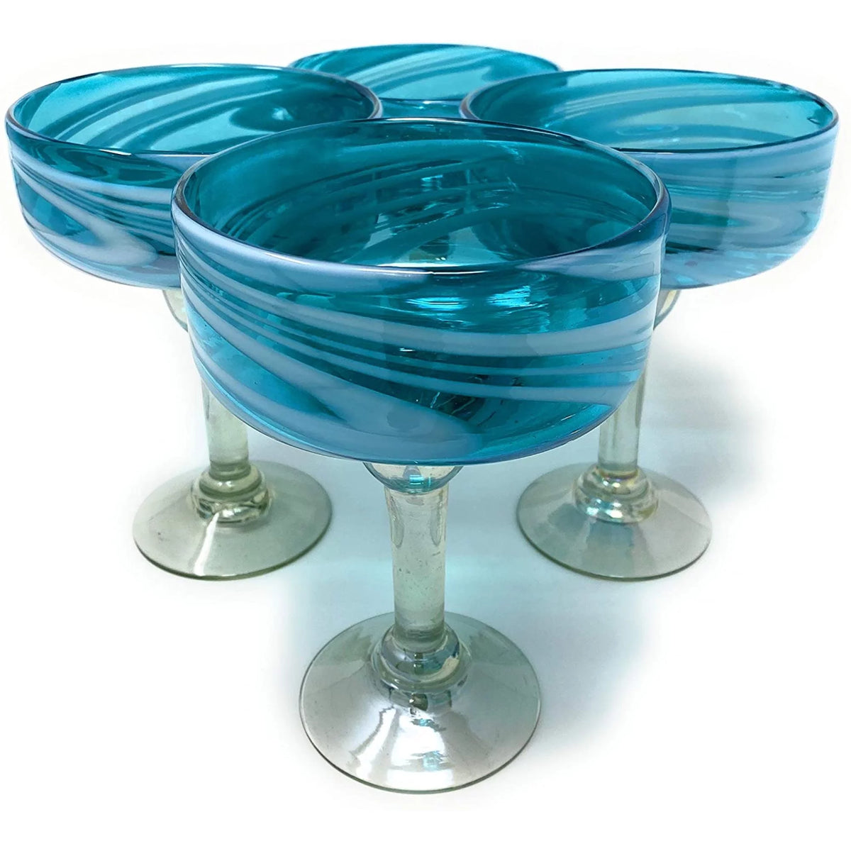 Set of 4 Hand Blown Margarita Glasses Aqua Swirl 16 oz P28645