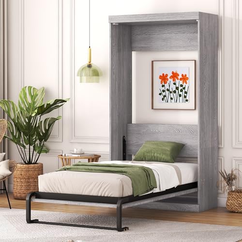 Full Size Murphy Bed with Storage Shelves and Drawers, Gray S70981