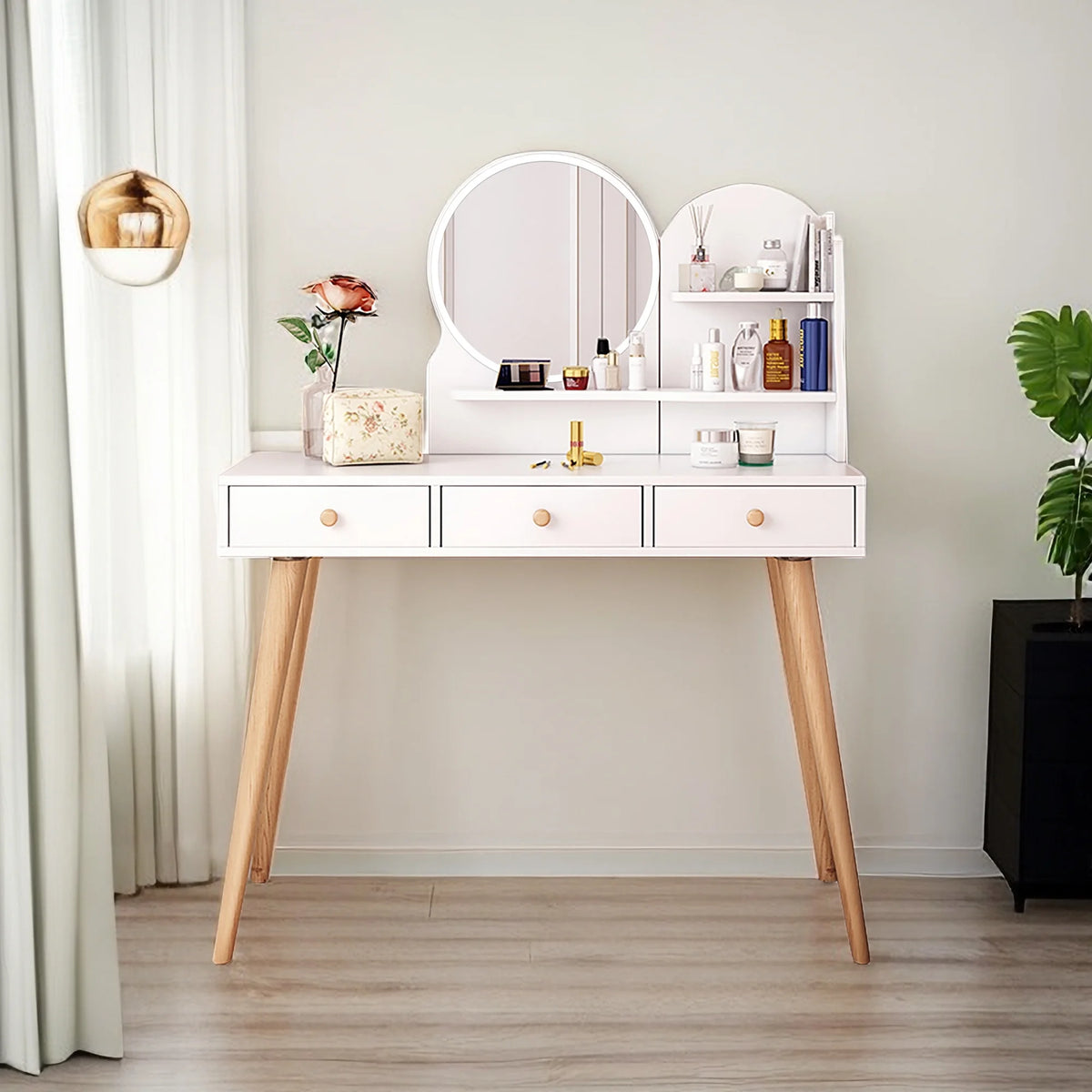 White Vanity Desk with Mirror and Lights, 3 Drawers D722466