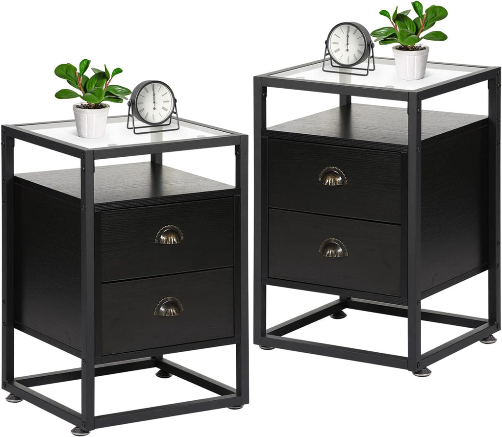 Black Nightstand with Drawer and Glass Surface, Set of 2 U98484