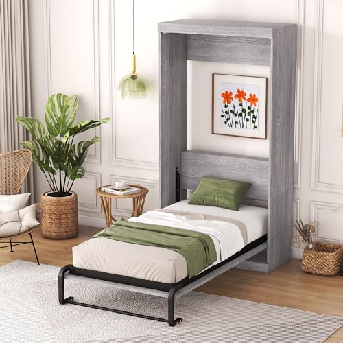 Full Size Murphy Bed with Storage Shelves and Drawers, Gray S70981