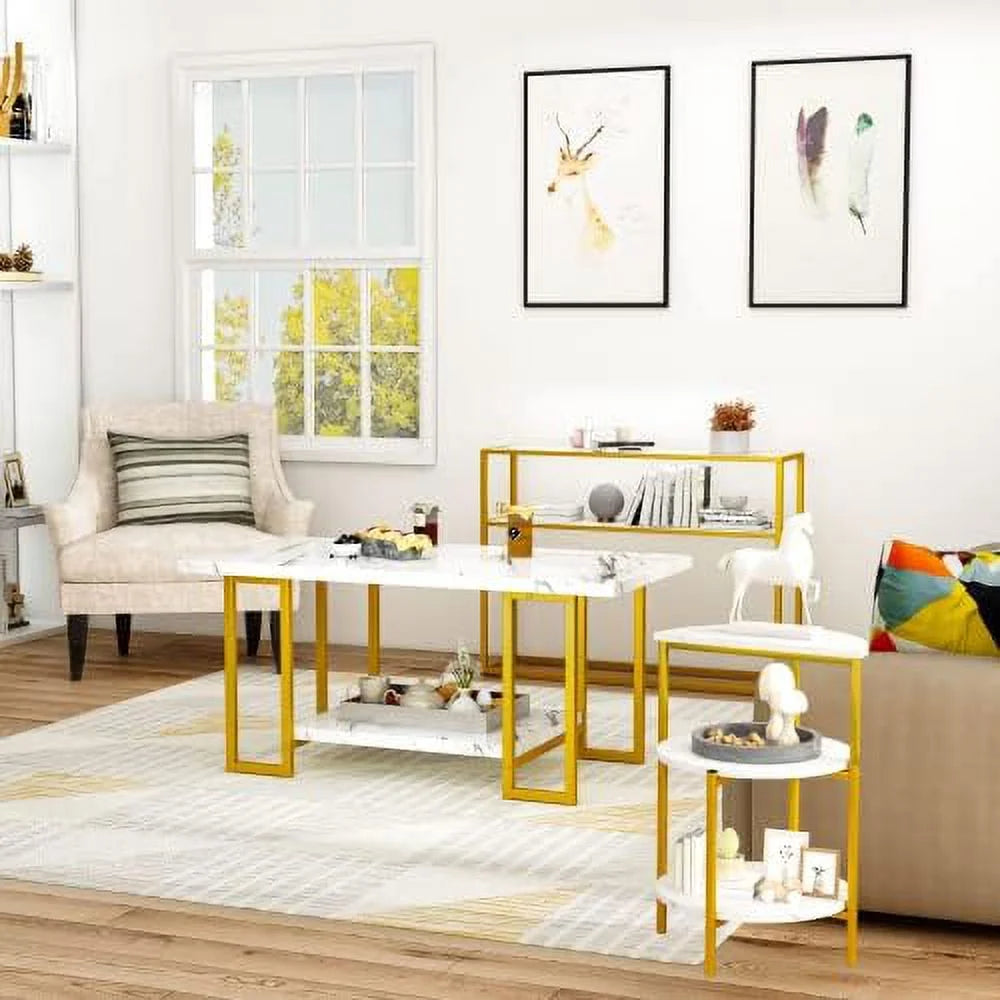 Faux Marble Coffee Table Set of 3 with Shelves Metal Frame R240296