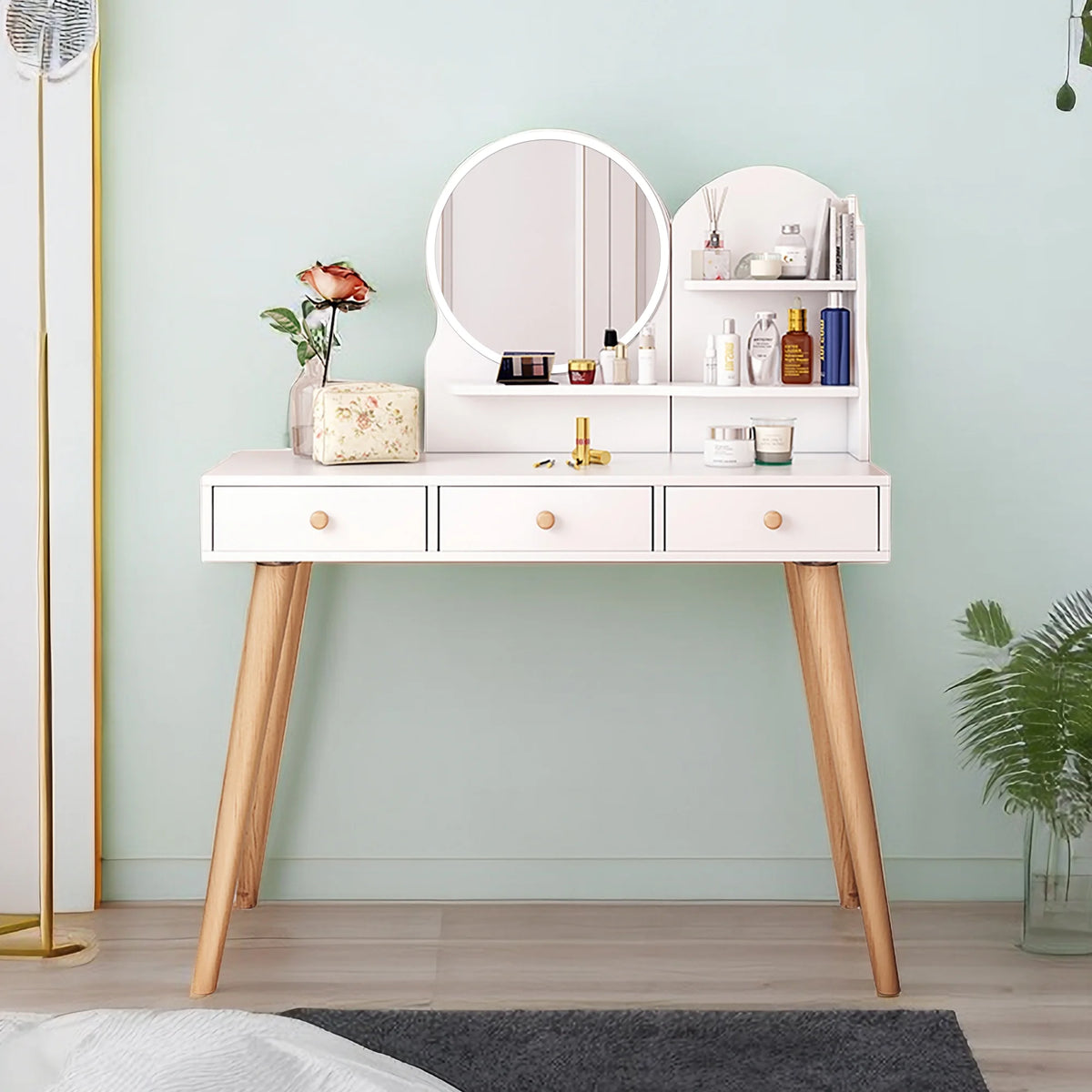 White Vanity Desk with Mirror and Lights, 3 Drawers D722466