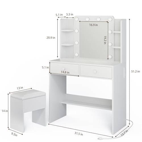 White Vanity Desk with Mirror, LED Lights, Power Outlets, Drawers, Shelves, Storage Chair Q202