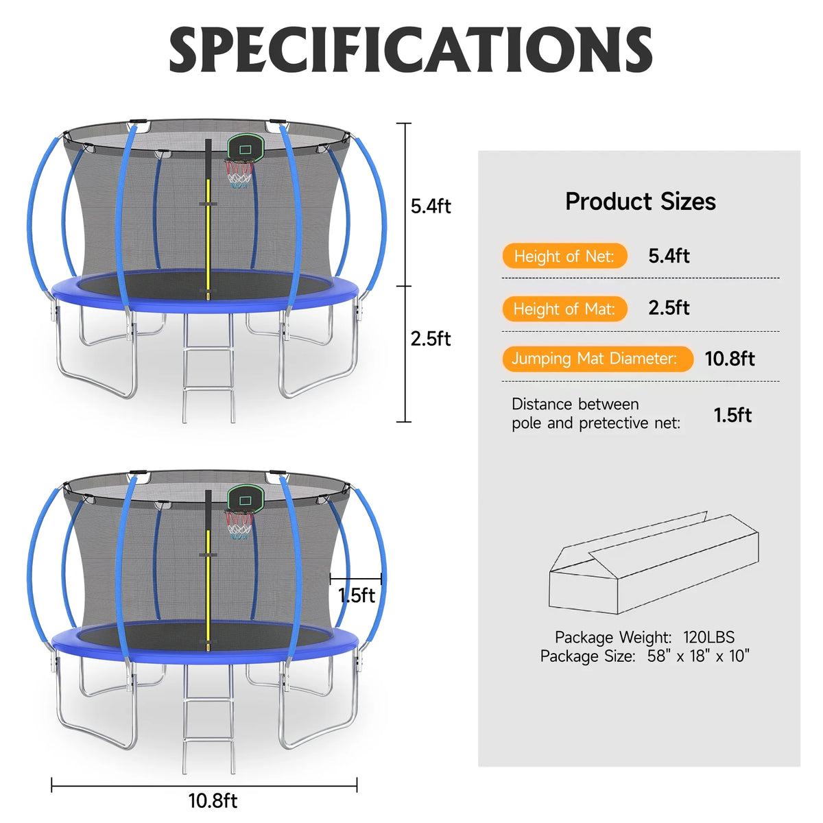 12FT Trampoline with Basketball Hoop and Safety Enclosure Net M7636