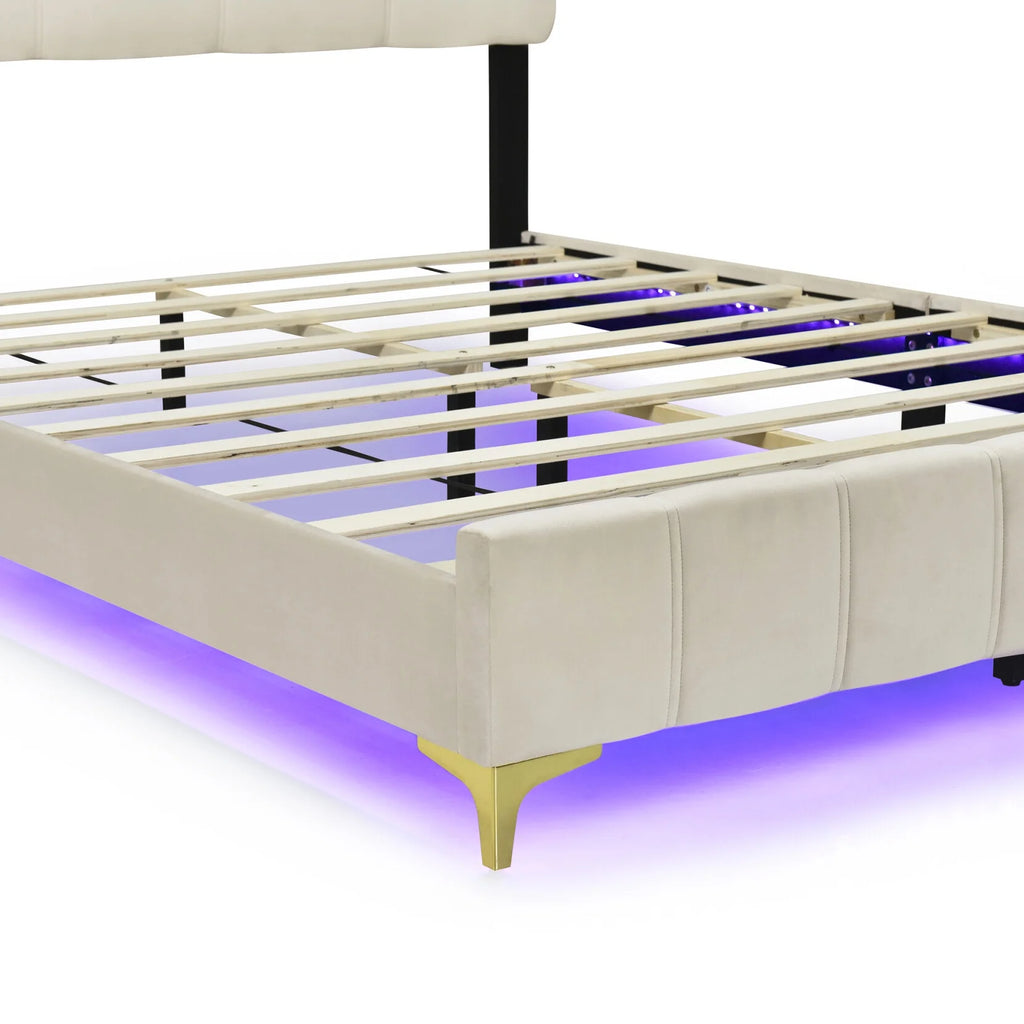Queen Size Beige Velvet Upholstered Platform Bed with LED N941