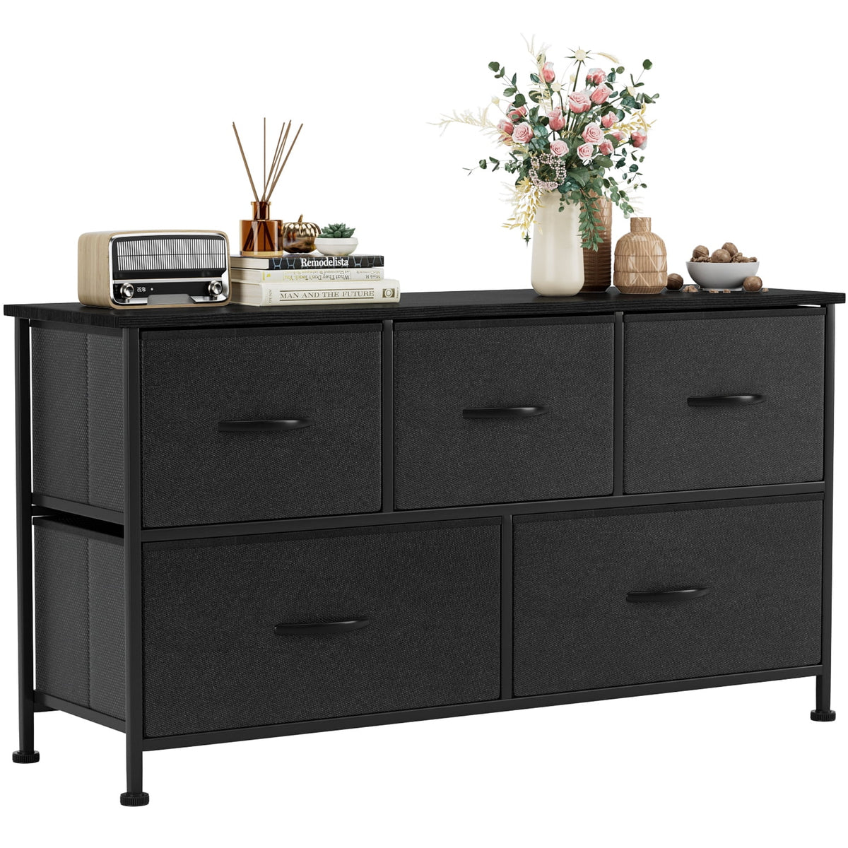 Black 5 Drawer Fabric Dresser G319