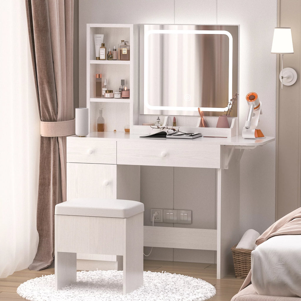 White Vanity Desk with Lighted Mirror and Storage Stool T9602