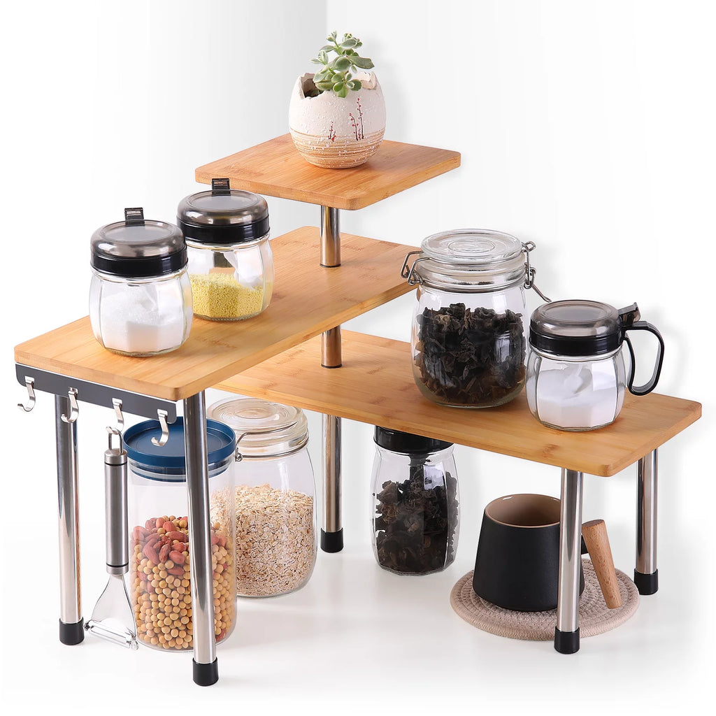 3 Tier Bamboo and Stainless Steel Kitchen Corner Shelving Unit with 4 Hooks R277193