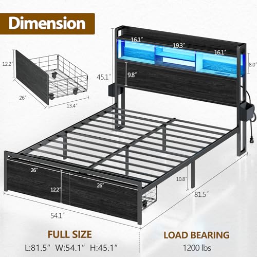 Black Full Size Metal Platform Bed Frame with Wood Headboard and Storage Drawers E30201